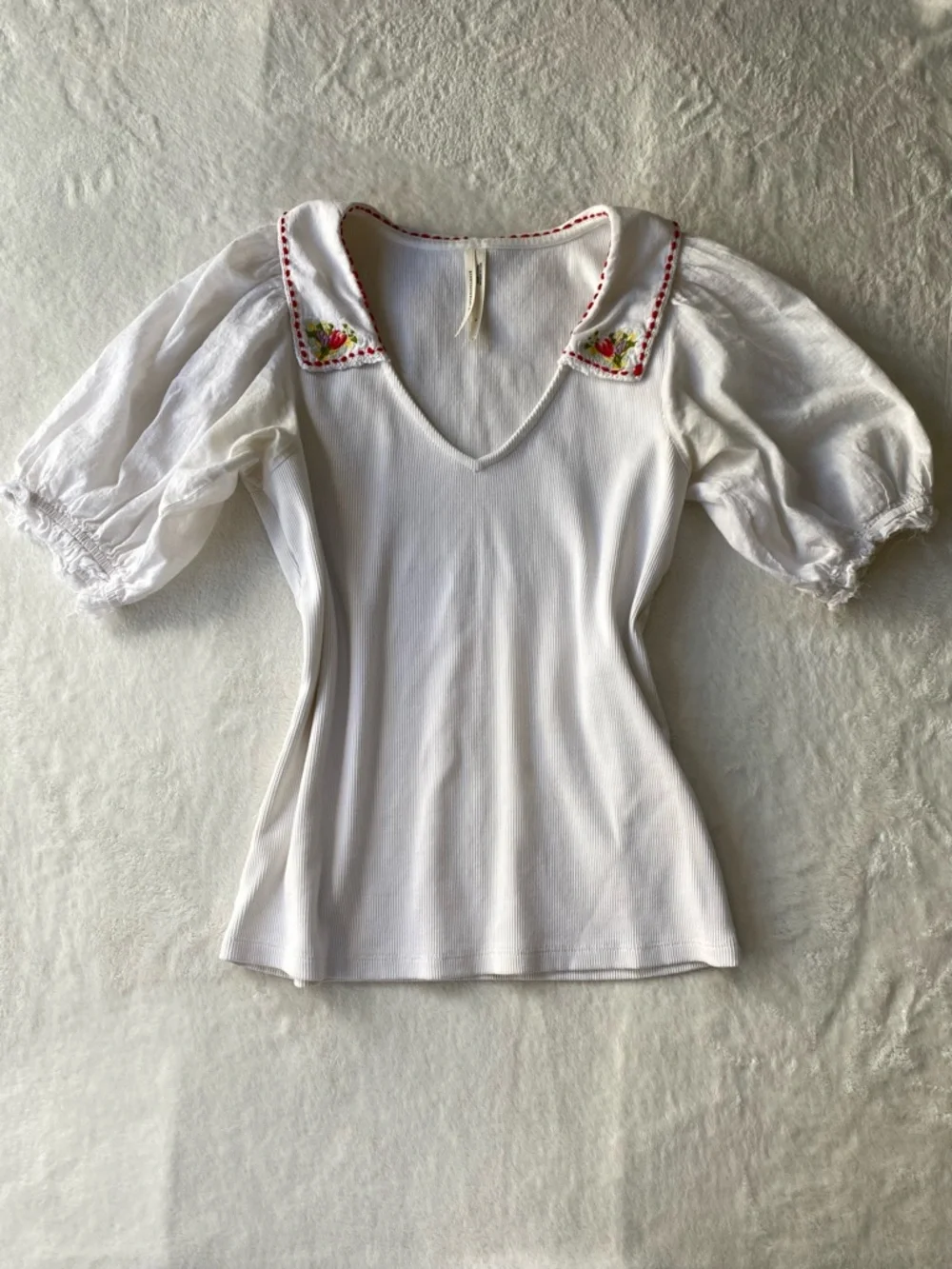 Anthropologie Embroidered Peter Pan Collar Ribbed Puff Sleeve Top S Cottagecore